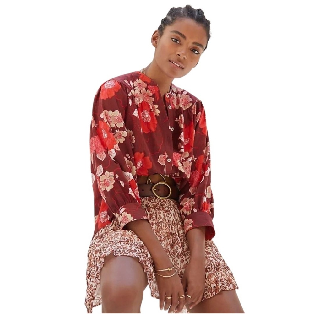 Anthropologie Porridge Size Medium Floral Puff Sleeved Button Up Cotton Fall
